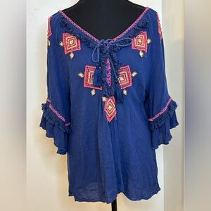 Lula Soul Size Small Tunic boho blouse Navy with Pink Embroidery
